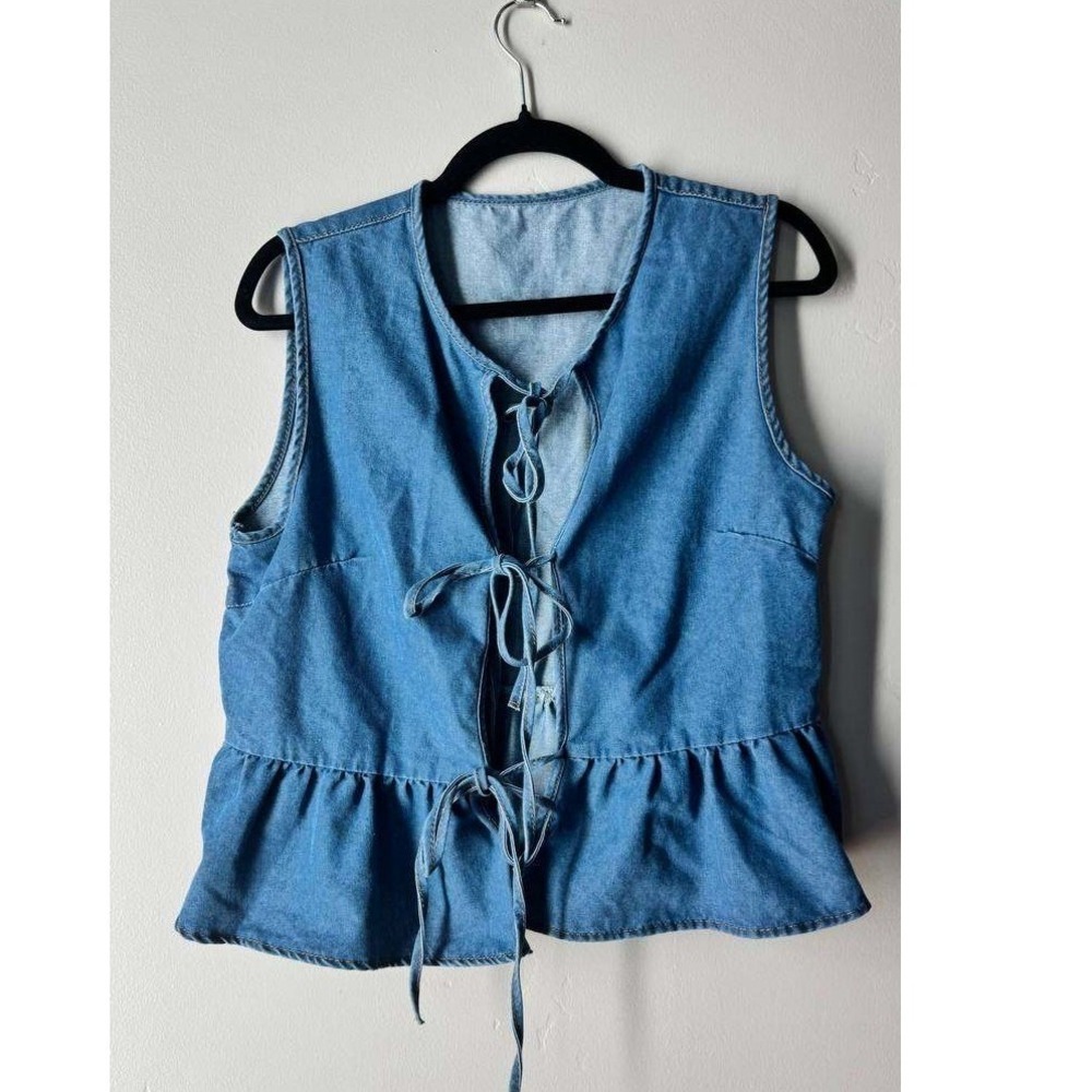 Denim Peasant Lace Up Peplum Top L Cottagecore Coquette Boho Euro Summer